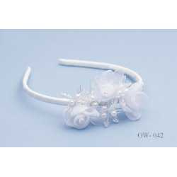 White Communion Headband with Organza Flowers style OW-042