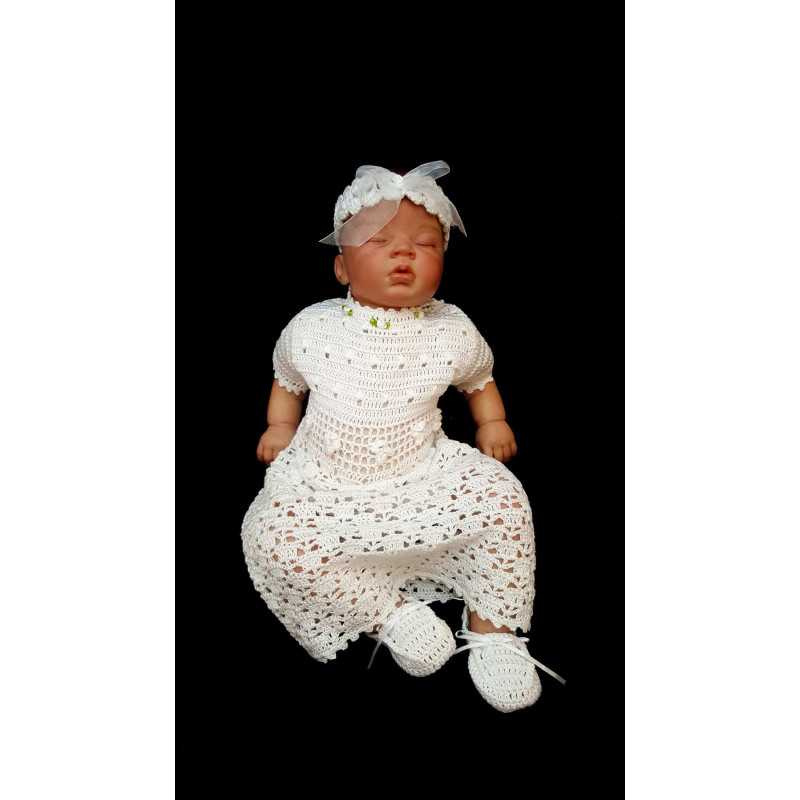 White Crochet Christening/Special Occasion Dress Short Sleeves with Headband and Shoes style Gabi 3