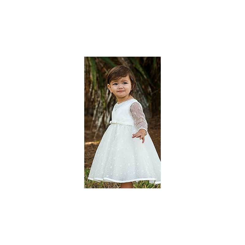 Ivory Long Lace Sleeves Christening Ballerina Length Dress Style 070086-2