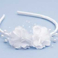 White Communion Headband with Flowers and Pearls Style OW-036