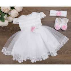 HANDMADE BABY GIRL WHITE/PINK CHRISTENING DRESS & HEADBAND & SHOES SET STYLE AGATHA