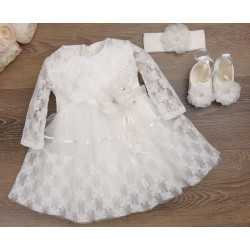 HANDMADE BABY GIRL IVORY CHRISTENING DRESS & HEADBAND & SHOES SET STYLE AMY