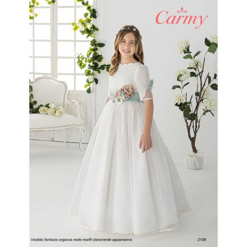 IVORY/MINT HANDMADE FIRST HOLY COMMUNION DRESS STYLE 2109