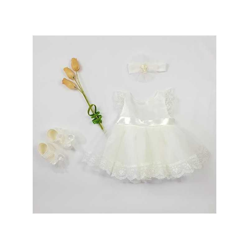 Ivory Baby Girl Christening Dress, Shoes & Headband Set Style 5005