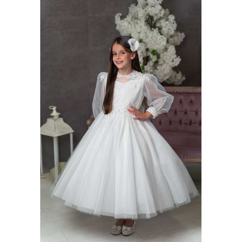 PAULA'S COMMUNION WHITE TEA-LENGTH FIRST HOLY COMMUNION DRESS STYLE PJ-69