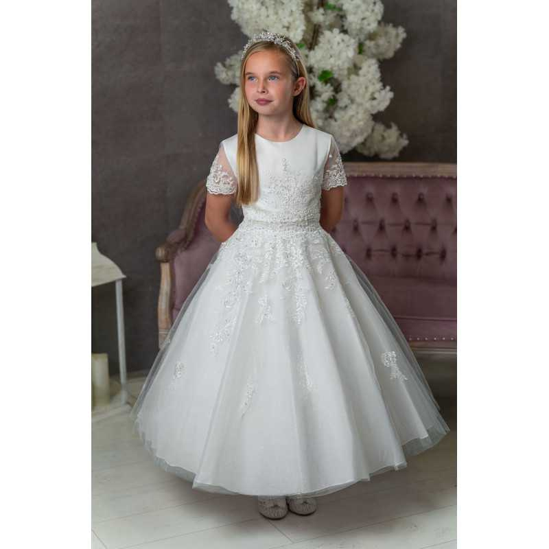 PAULA'S COMMUNION WHITE TEA-LENGTH FIRST HOLY COMMUNION DRESS STYLE PJ-55